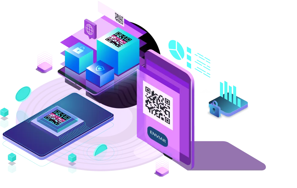 Ilustração do sistema QR Notas: celular lendo um QR Code, painéis e relatórios conectados